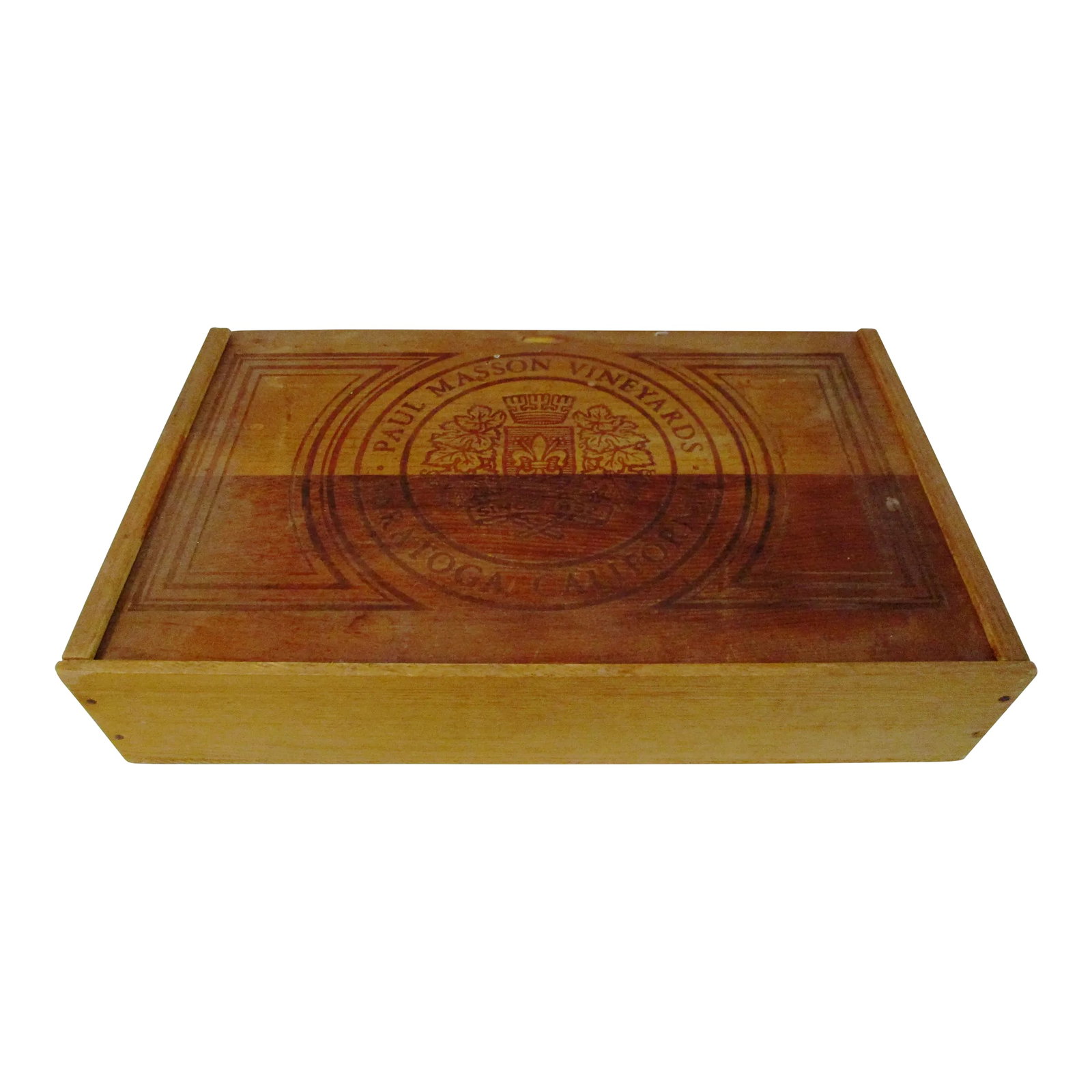 Mid-Century Paul Masson Winery Saratoga California Wine Box: Mid-century Paul Masson Saratoga California Winery wood wine box featuring the vintage wood stamped label used prior to the 1980s. Wine box is hand assembled with nails on all four corners of the