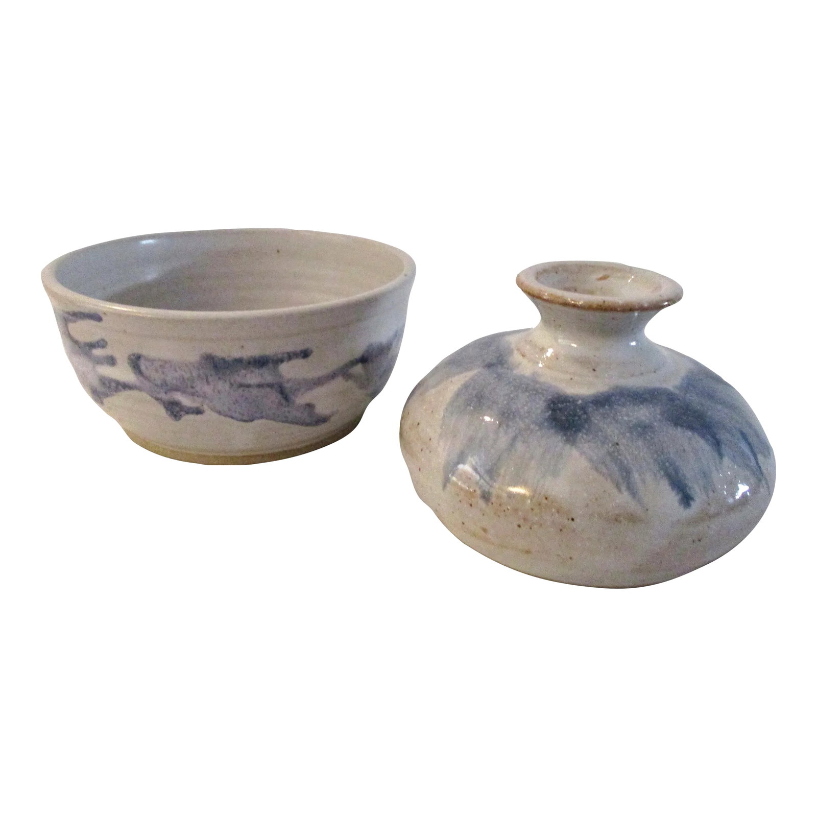 Vintage Studio Art Sea Blue Abstract Pottery Vase & Bowl, a Pair: Stylish hand-made studio art glazed pottery bowl, (5"Dia x 2.5"H), and vase, (3"H x 4"Dia), featuring an abstract blue design on an off-white background. Excellent condition. Condition: Alterations: