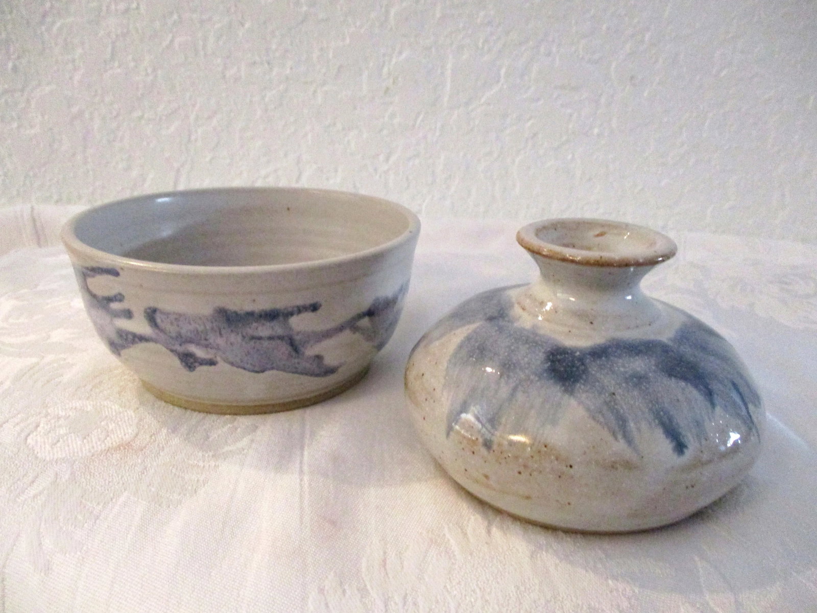 Vintage Studio Art Sea Blue Abstract Pottery Vase & Bowl, a Pair - 9