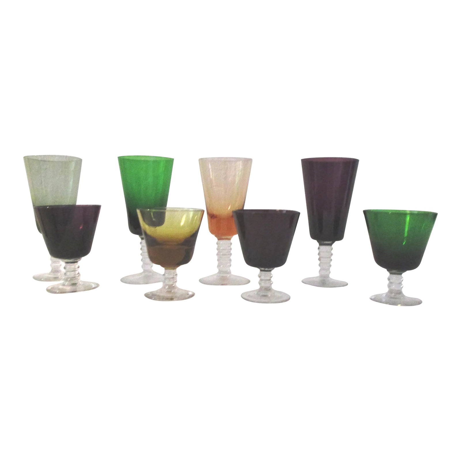 Vintage Multicolor Jewel Tone Blown Glass Liquor Glasses, S/8: Lovely set of eight blown glass liquor glasses in jewel-tone multicolor shades with ornate stems in two sizes. Perfect for serving before and after dinner liquors. Excellent condition. Dimensions: