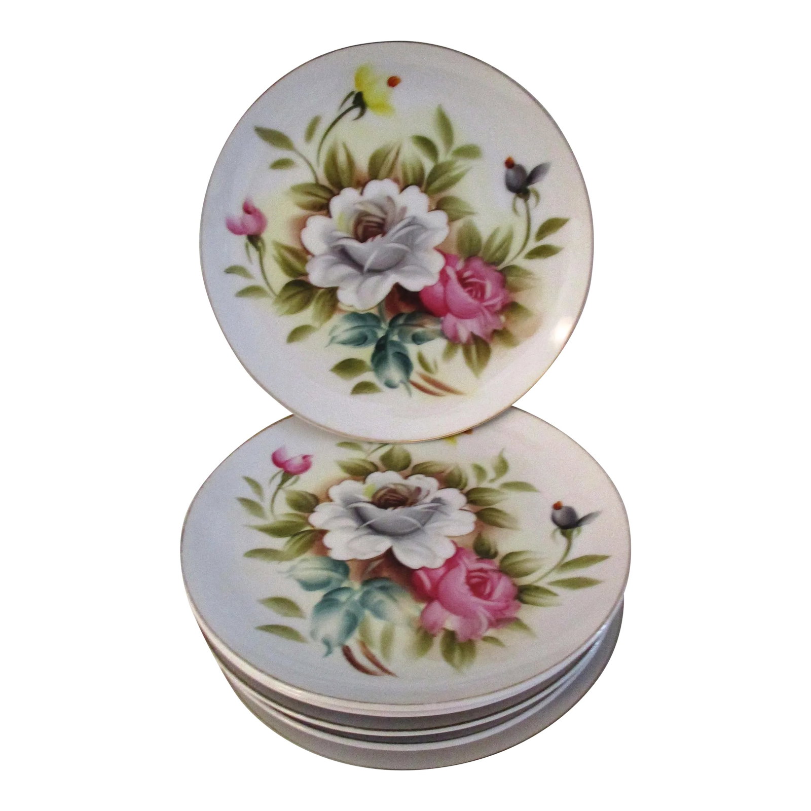 Mid-Century Japanese Hand-Painted Rose Dessert Plates, S/5: Pretty set of five delicately hand-painted white porcelain dessert plates featuring a pink and white rose motif on face. Lovely for display or use. Hand wash. Excellent condition. Condition: