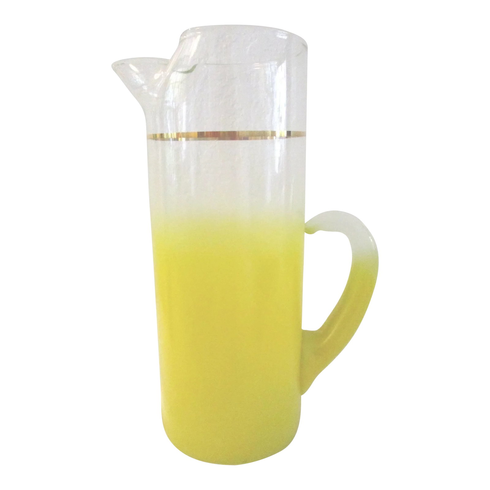 Mid-Century Yellow Blendo Glass Pitcher: Vibrant mid-century Blendo tall yellow fade glass handled pitcher with thin gold band below rim. Perfect for serving cocktails or your favorite beverage. Excellent condition. Condition: Alterations: