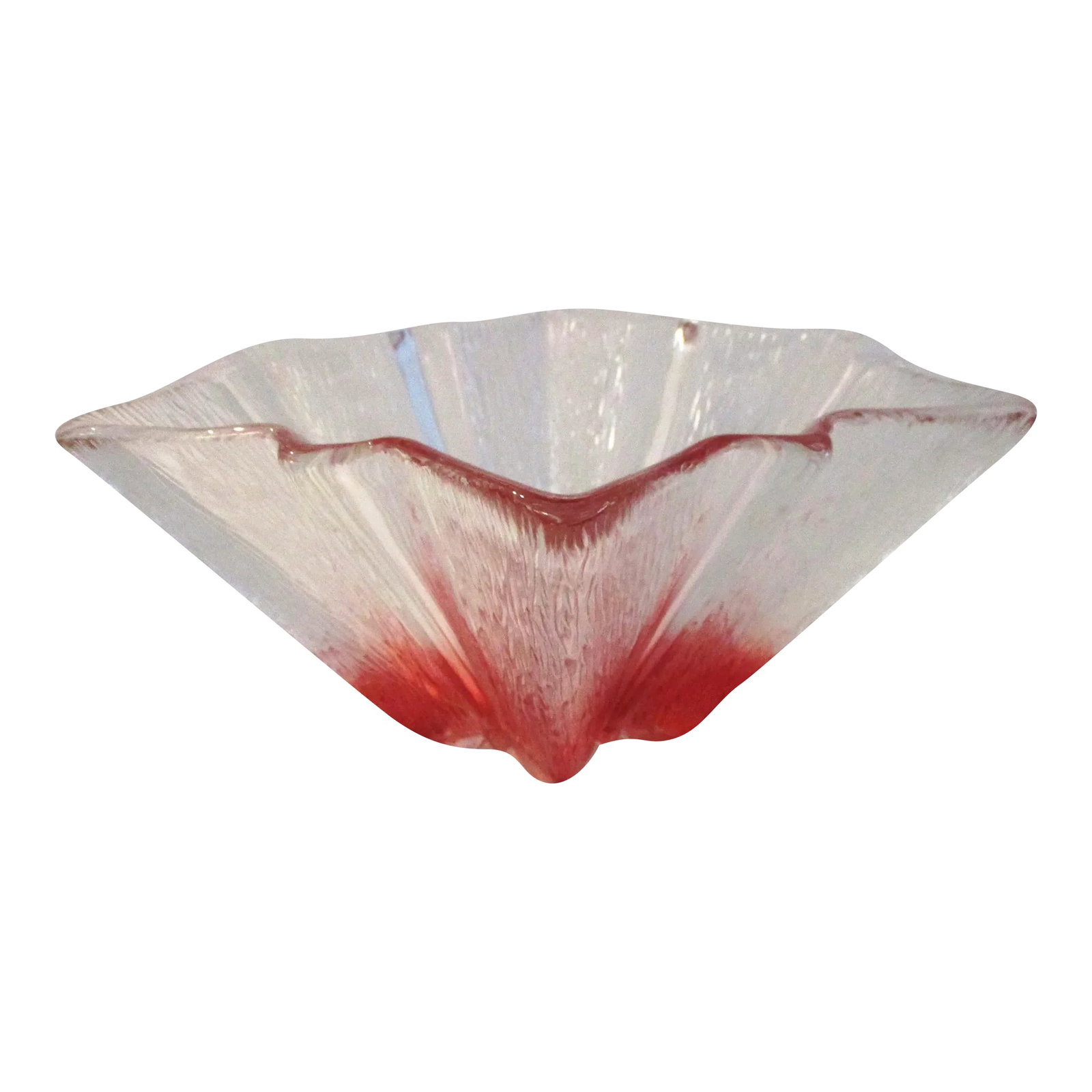 Mid-Century Pink & Clear Modern Decorative Glass Bowl: Mid-Century stylish decorative thick glass bowl featuring a pink grapefruit-shaded organic raised design around perimeter that blends up to clear. Excellent condition. Condition: Alterations: