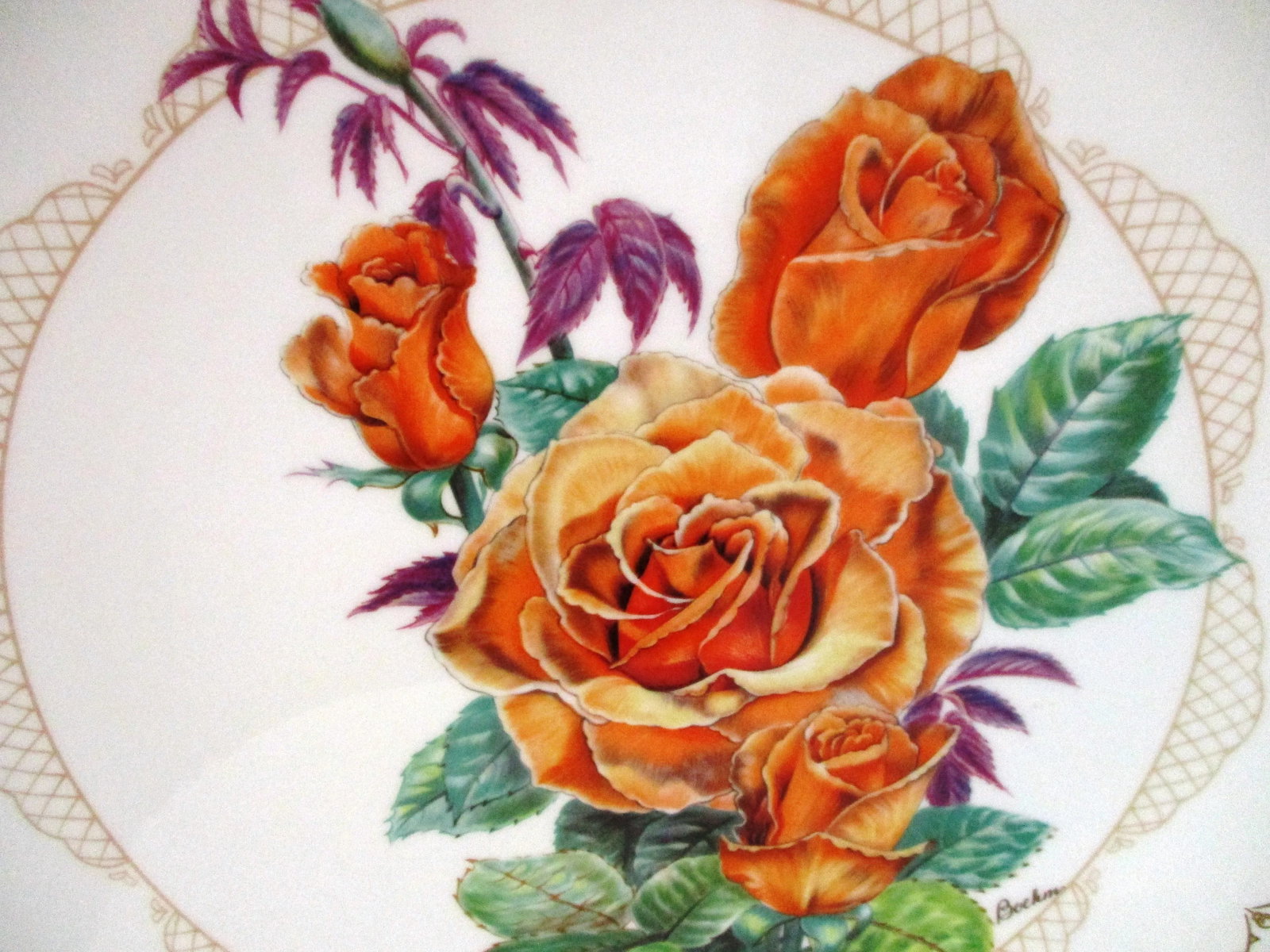 1980s Edward Marshall Boehm Porcelain Roses Plates, a Pair - 8