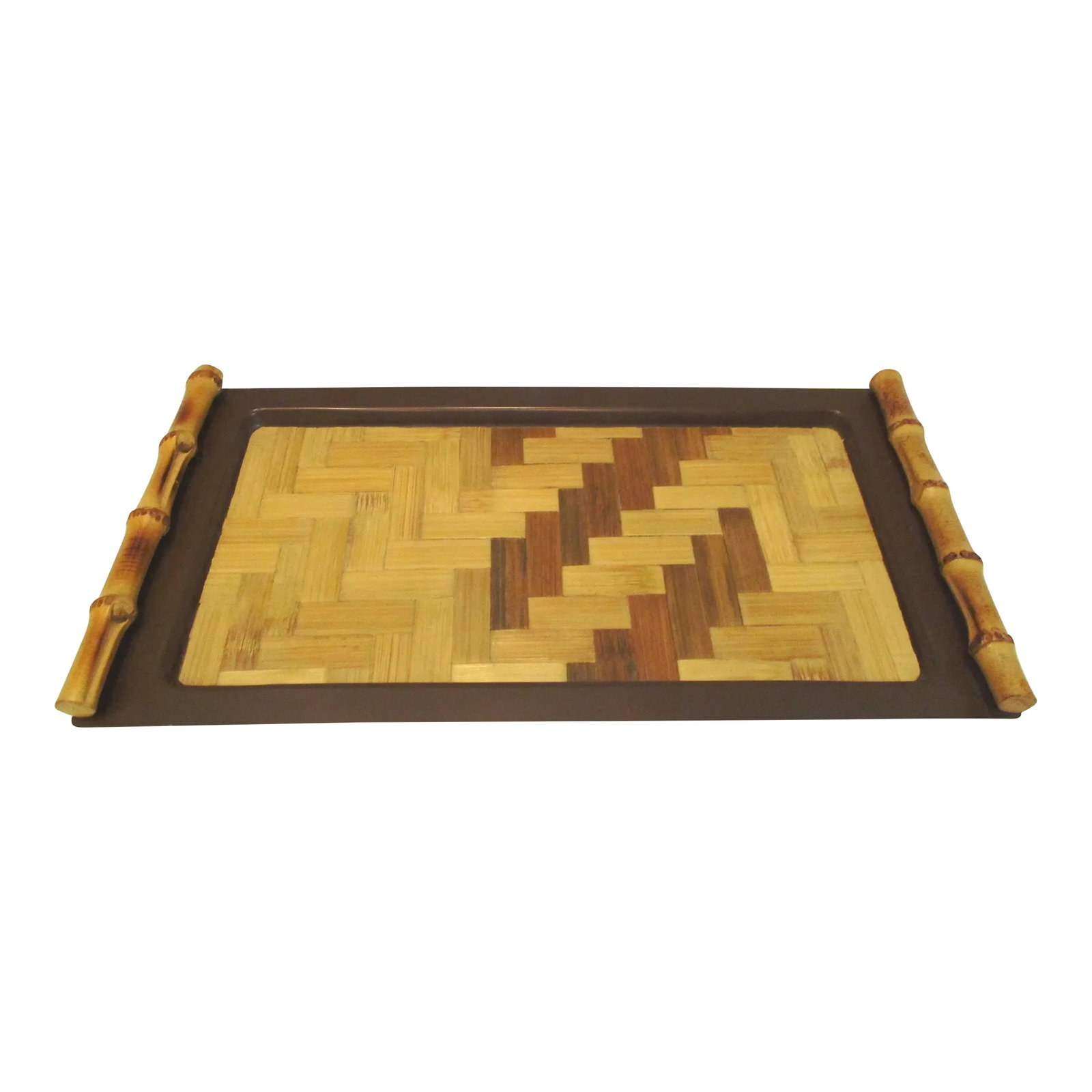 Mid-Century Bamboo Handled Metal Tray: Stylish mid-century brown metal rectangular serving tray featuring a rattan interior and bamboo handles. Condition: Alterations: Original Condition Unaltered Imperfections: Some Imperfections