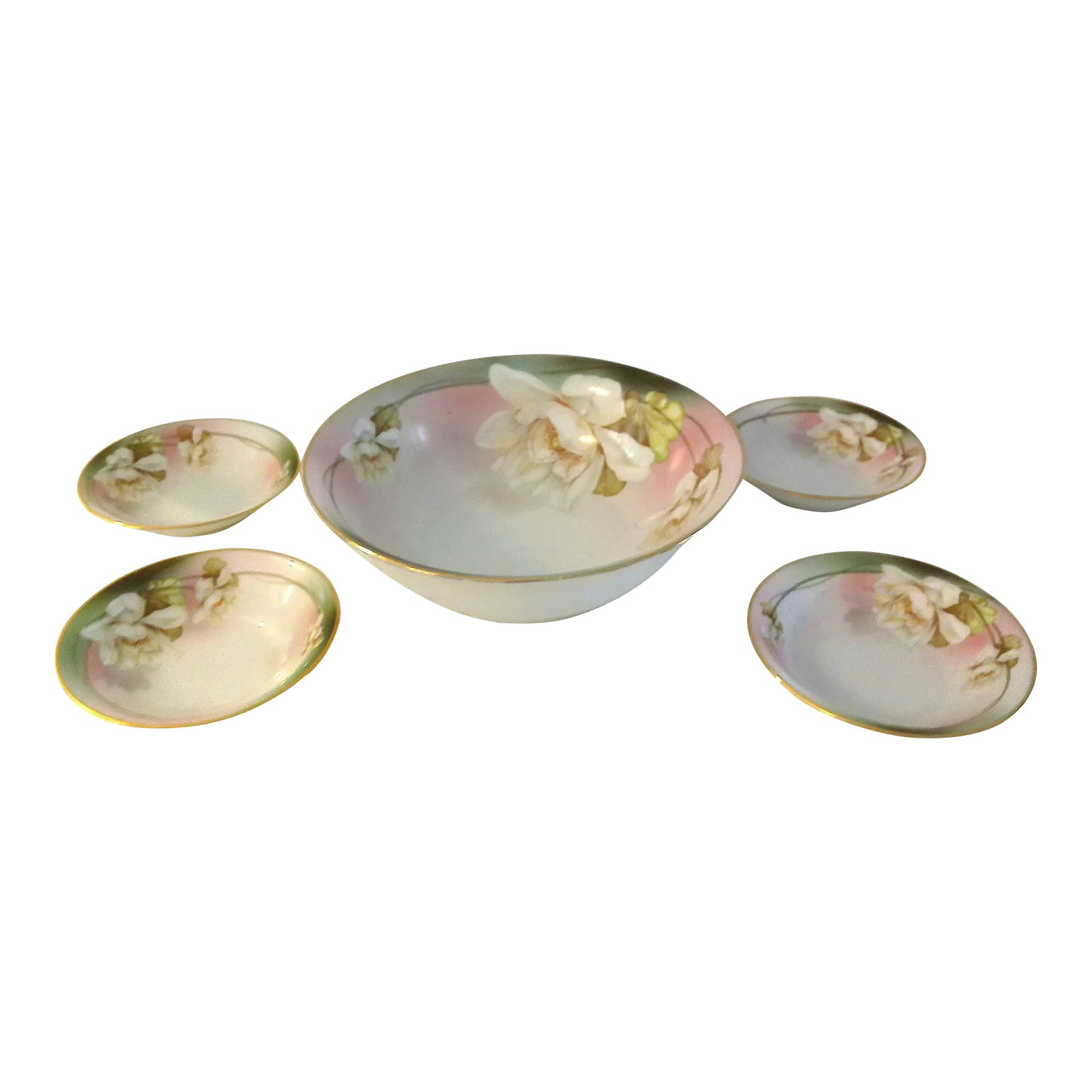 Antique Mz Austria Gardenia Porcelain Serving Set, C. 1884 - 1909: Lovely antique MZ Austria porcelain serving set hand-painted in a delicate Gardenia floral design in shades of pink, green and white with gold rims. Set includes one master bowl, (9.75"Dia x 3"H), and
