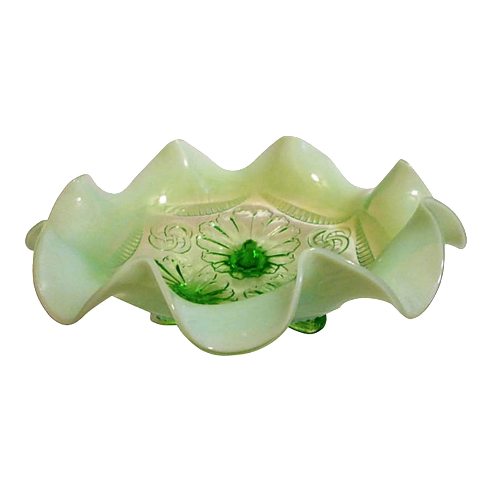 Antique Green Opalescent Ruffled Footed Bowl: Beautiful Antique Northwood green glass footed bowl with green opalescent ruffle rim and interlocking ring design around center. Excellent vintage condition from the early 1900s. Condition: Alteration