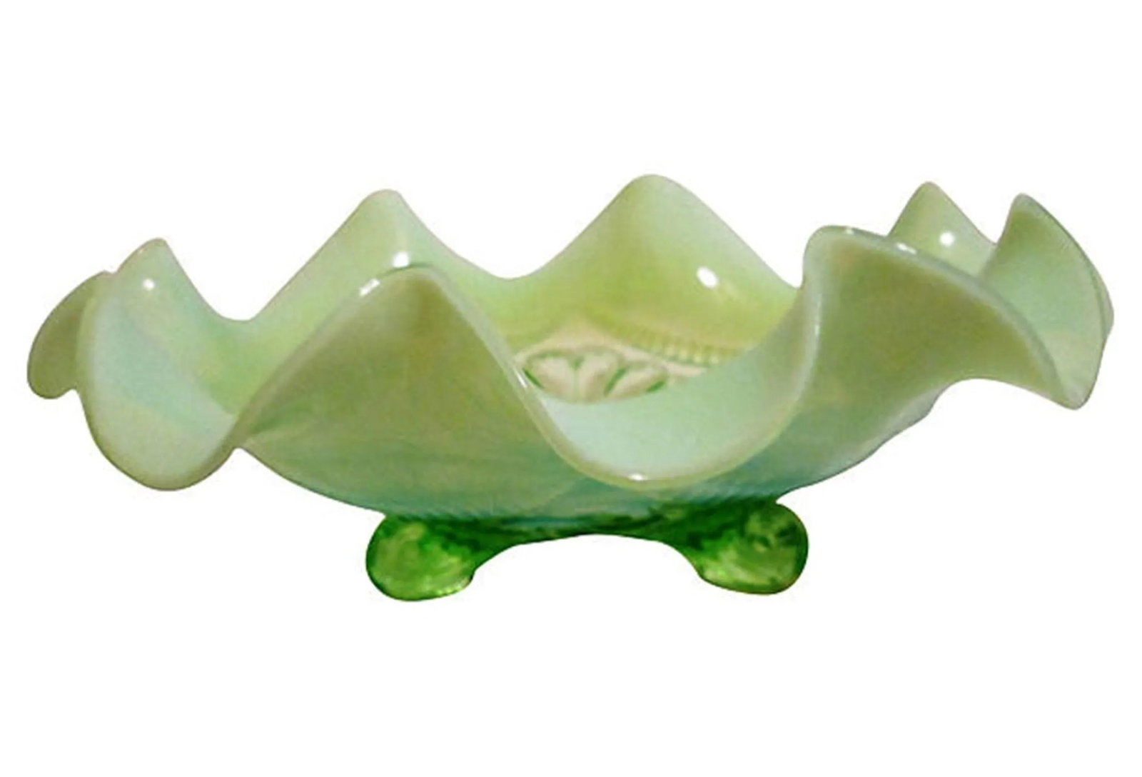 Antique Green Opalescent Ruffled Footed Bowl - 2