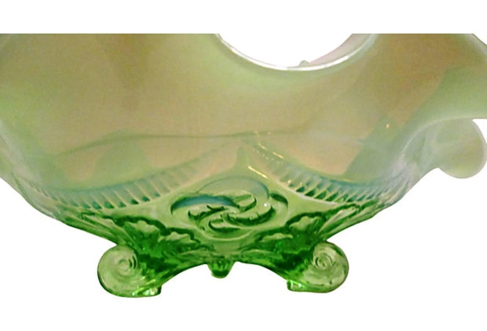 Antique Green Opalescent Ruffled Footed Bowl - 3