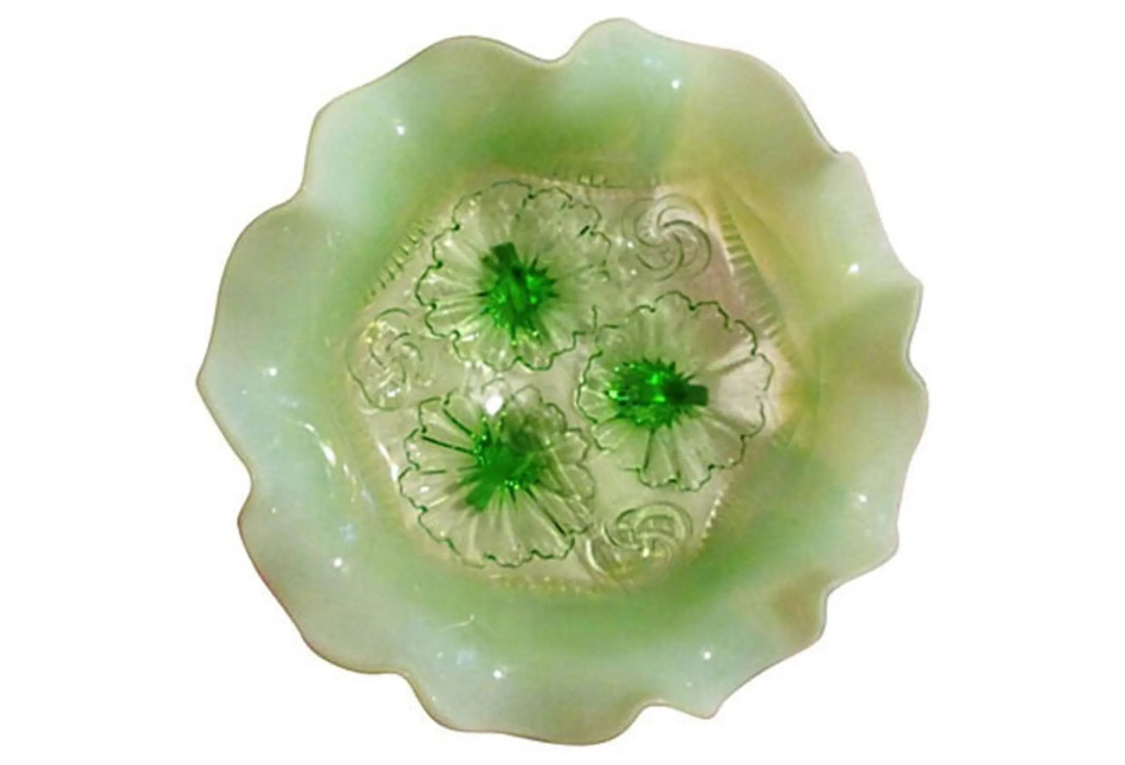 Antique Green Opalescent Ruffled Footed Bowl - 5