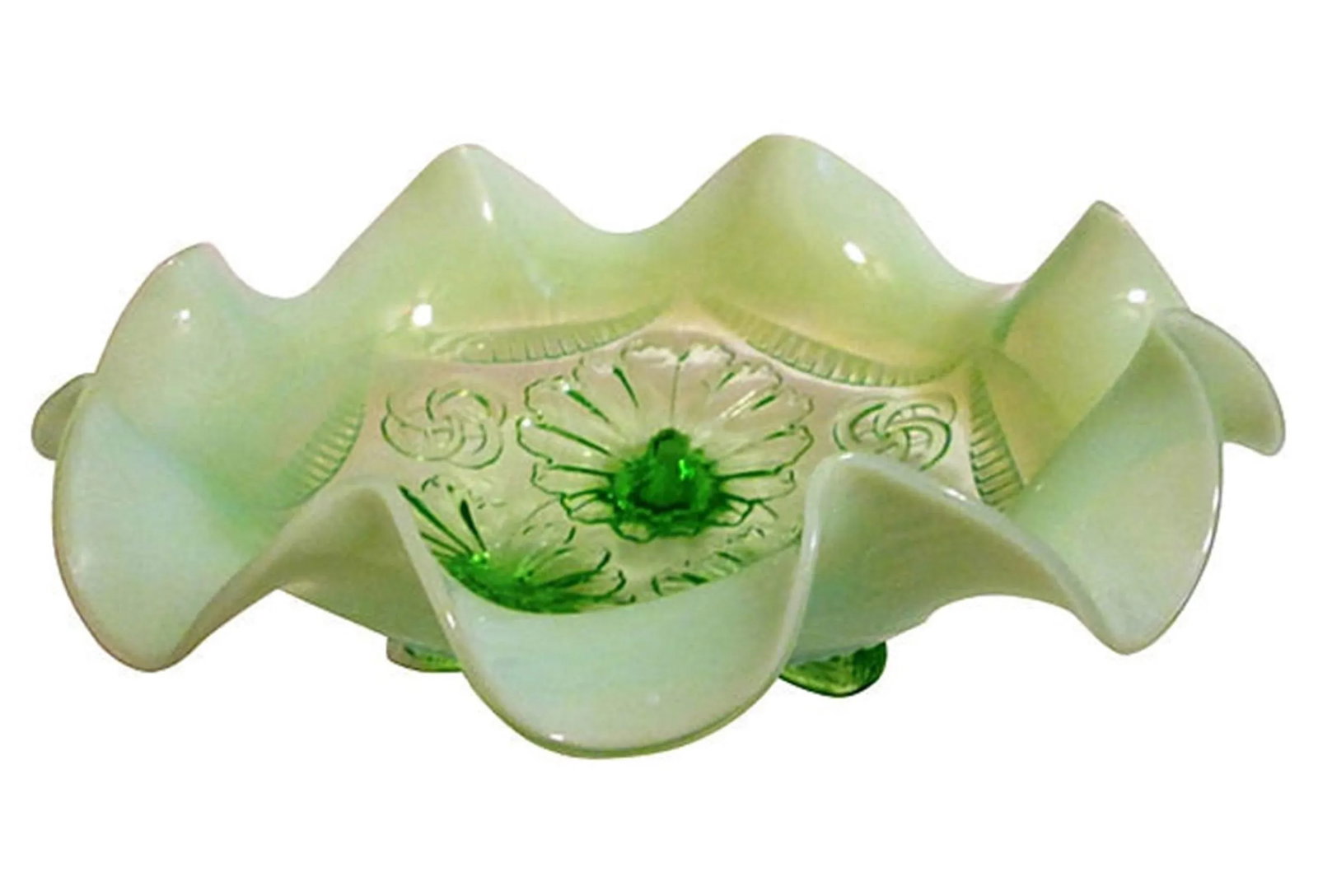 Antique Green Opalescent Ruffled Footed Bowl - 6