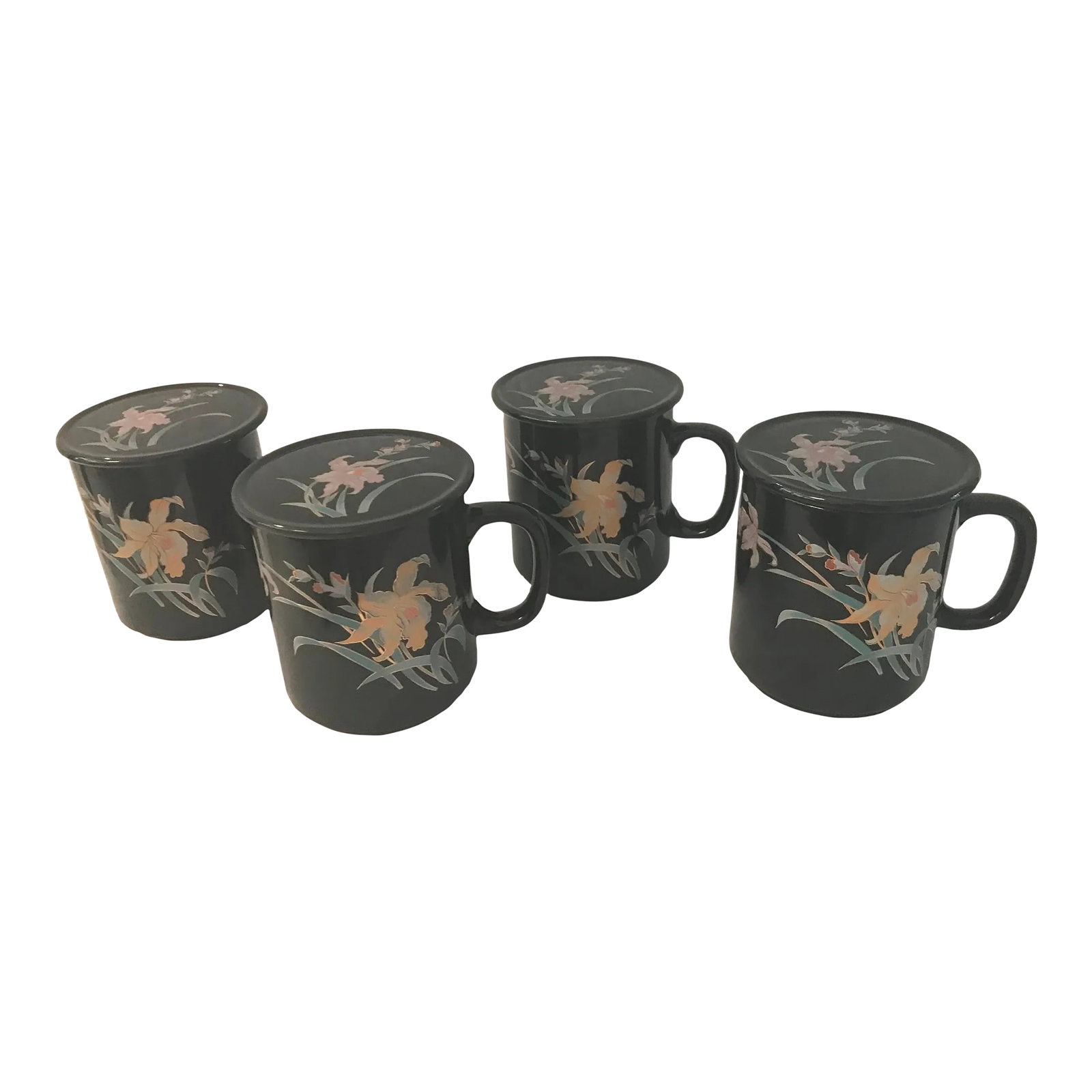1980s Japanese Black Floral Ceramic Tea Mugs W/Lids, 8 Pcs (1 of 6)