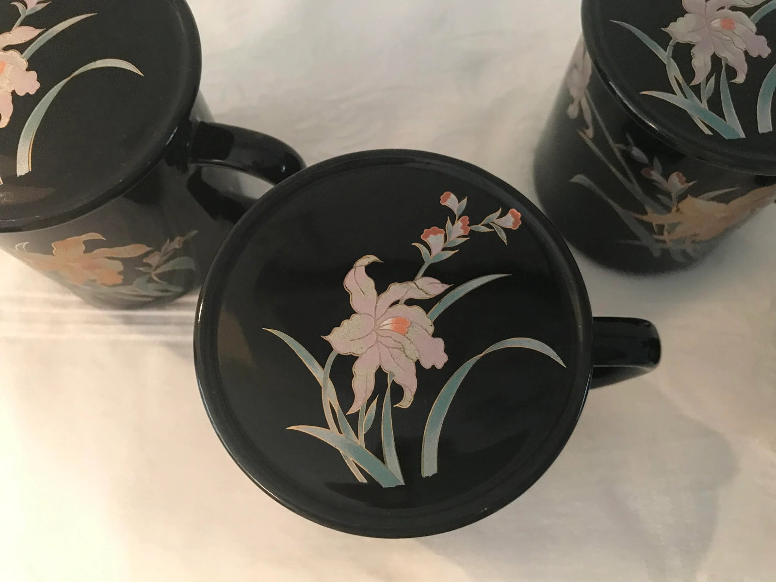 1980s Japanese Black Floral Ceramic Tea Mugs W/Lids, 8 Pcs - 4