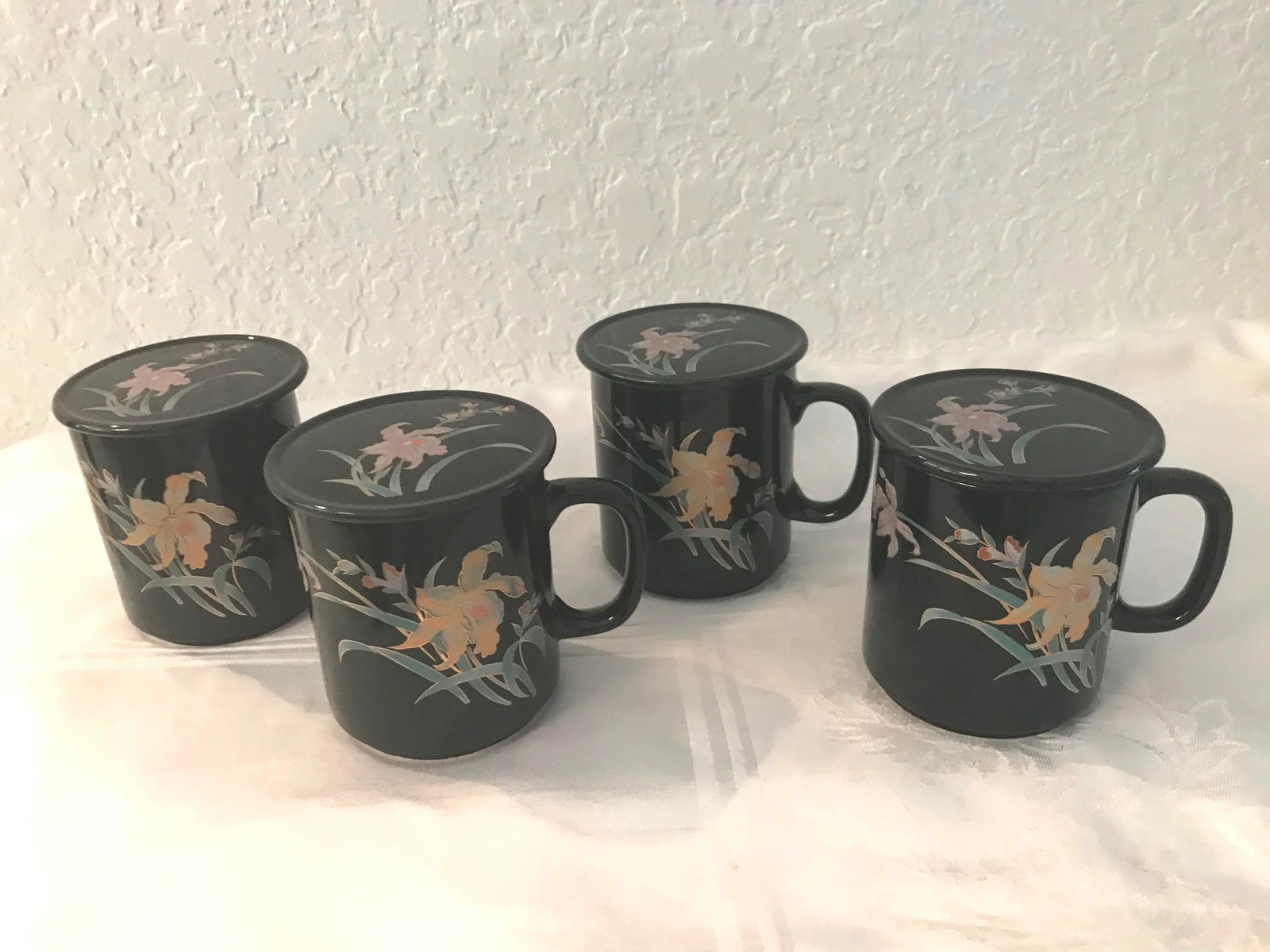 1980s Japanese Black Floral Ceramic Tea Mugs W/Lids, 8 Pcs - 6