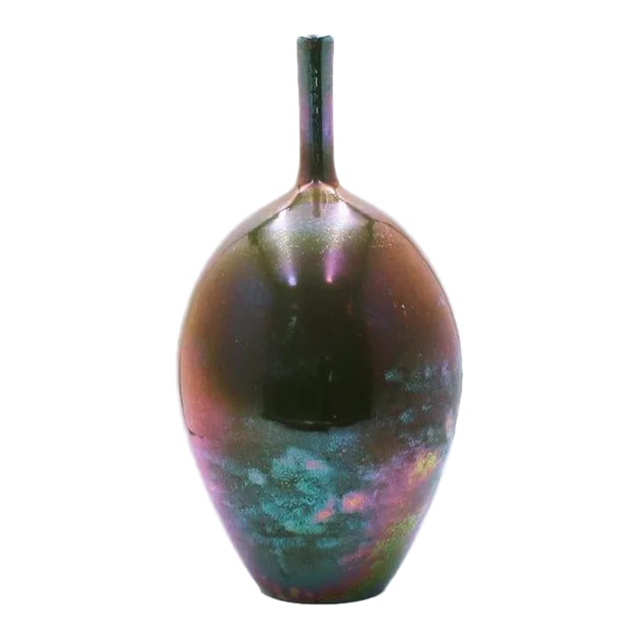 Vintage Mobach Ceramic Vessel/Vase: Mid-Century Danish Modern Century hand-shaped cylinder vessel with a crackle metallic glaze in an array of muted greens. Auctioned by Christies. Ceramic Vase designed and manufactured by Mobach Utrech