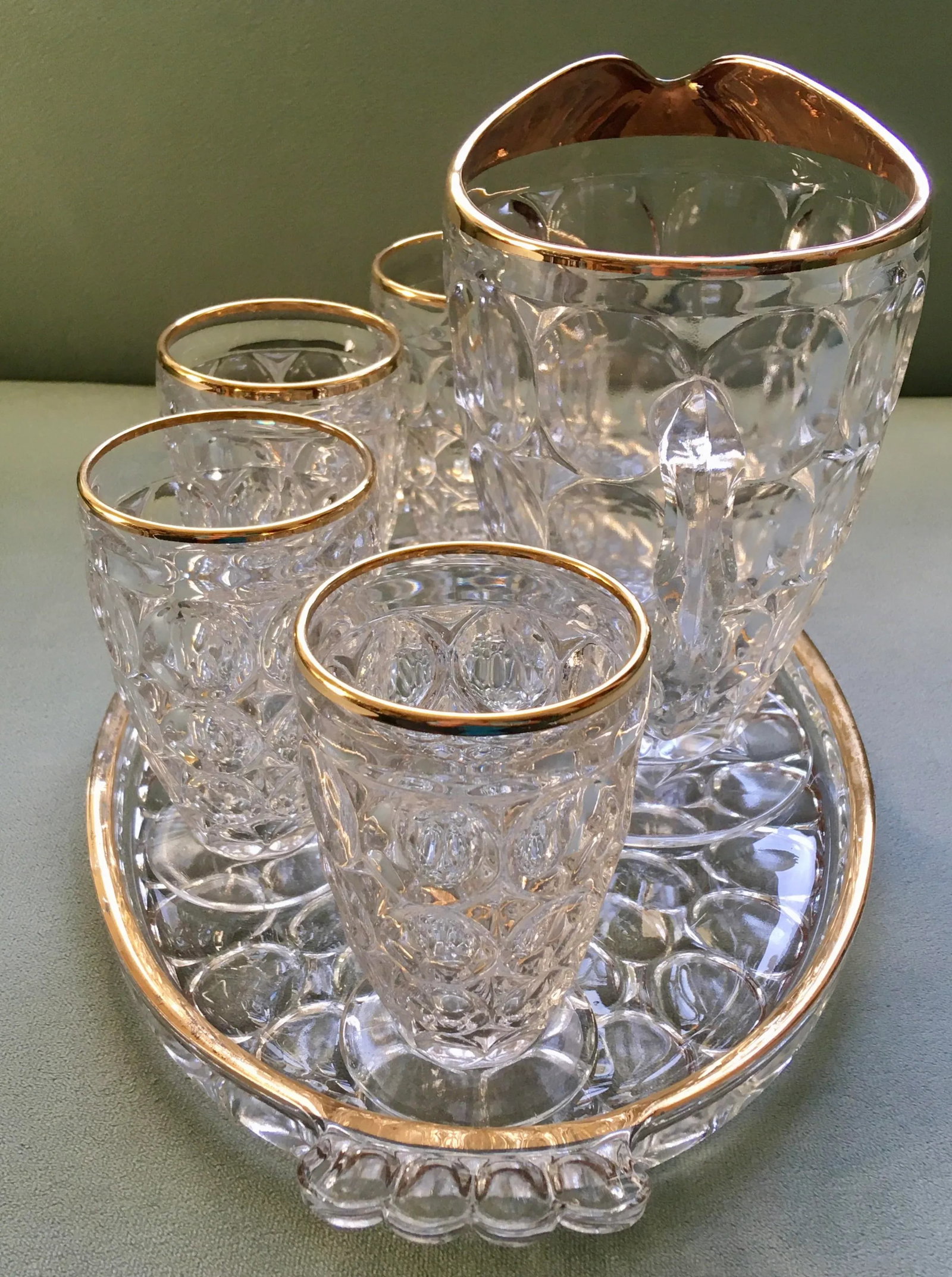 Vintage Jeanette Thumbprint Gold Trimmed Glass Iced Tea Set- 6 Pieces - 12