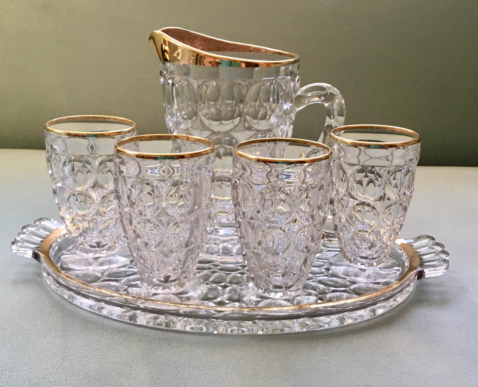 Vintage Jeanette Thumbprint Gold Trimmed Glass Iced Tea Set- 6 Pieces - 13