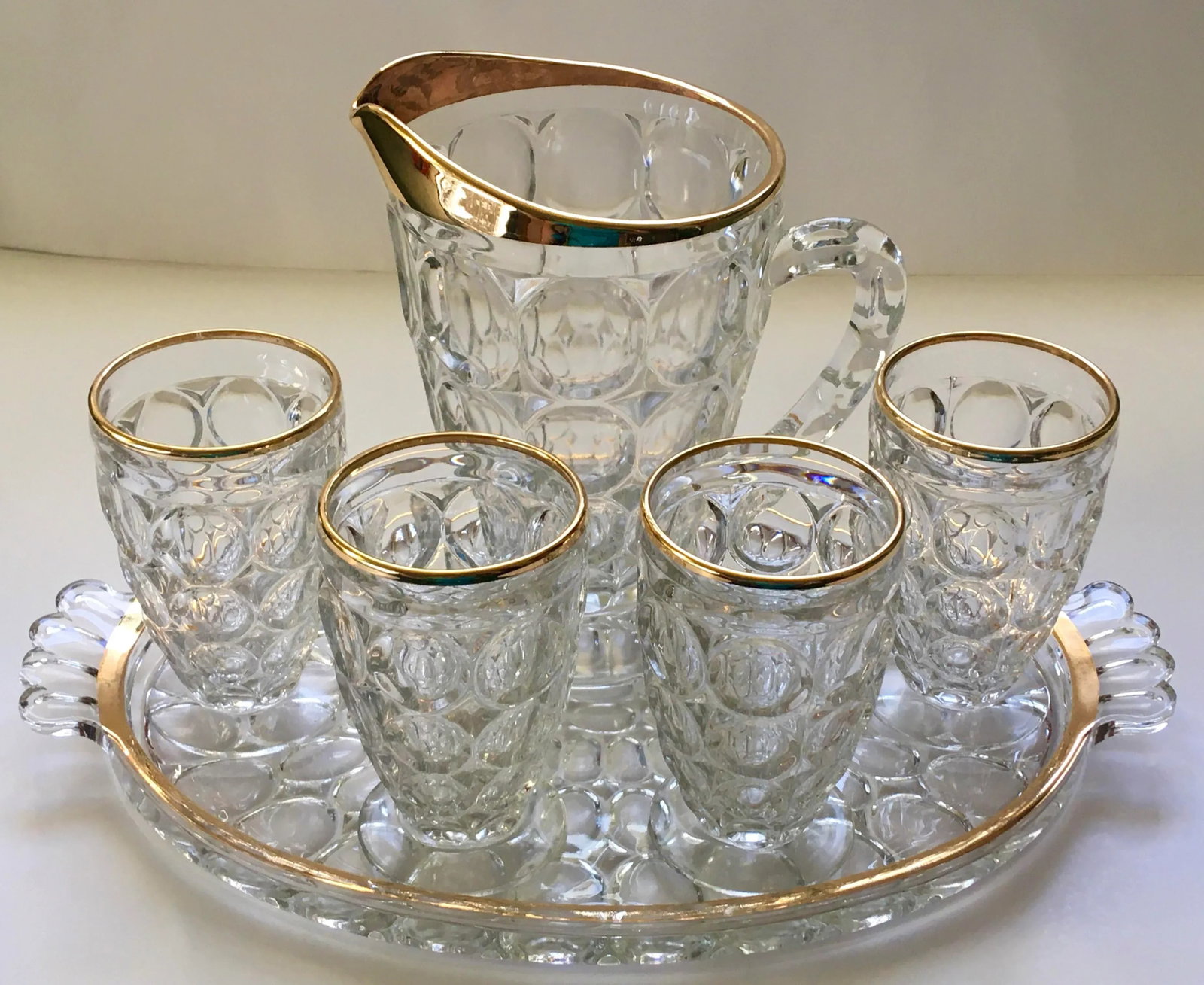 Vintage Jeanette Thumbprint Gold Trimmed Glass Iced Tea Set- 6 Pieces - 2