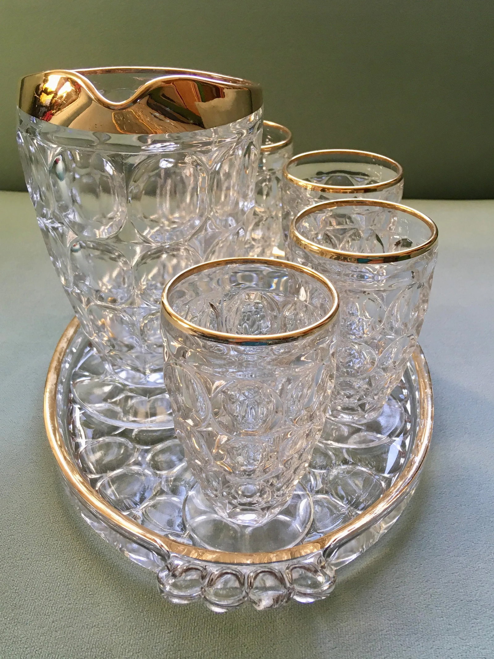 Vintage Jeanette Thumbprint Gold Trimmed Glass Iced Tea Set- 6 Pieces - 5