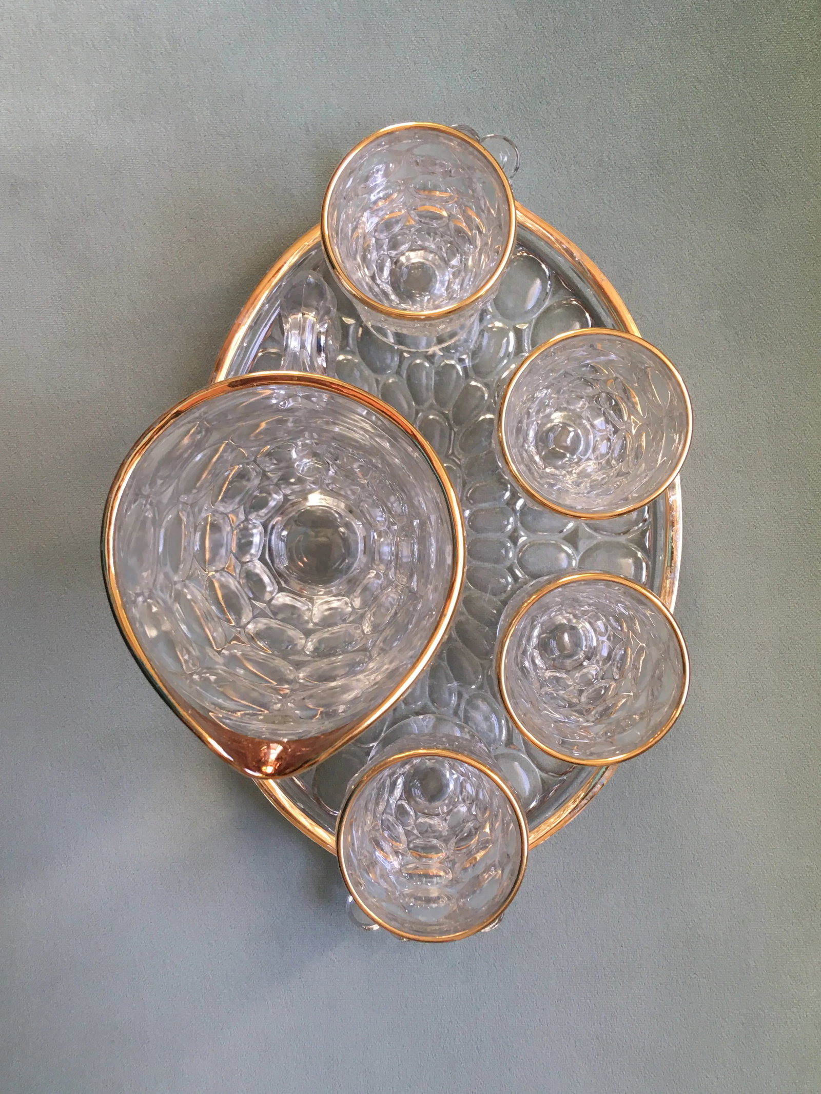 Vintage Jeanette Thumbprint Gold Trimmed Glass Iced Tea Set- 6 Pieces - 7