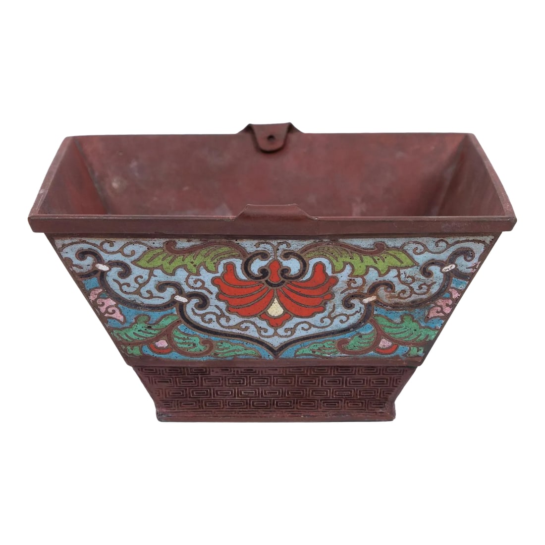 Early 20th Century Japanese Champleve Cloisonne Copper Square Jardiniere: Antique champleve cloisonne enamel on copper square jardiniere. With bat design on each side. They are flying through the clouds and sky, above the four corners of nature. .Japan, early 20th century. 