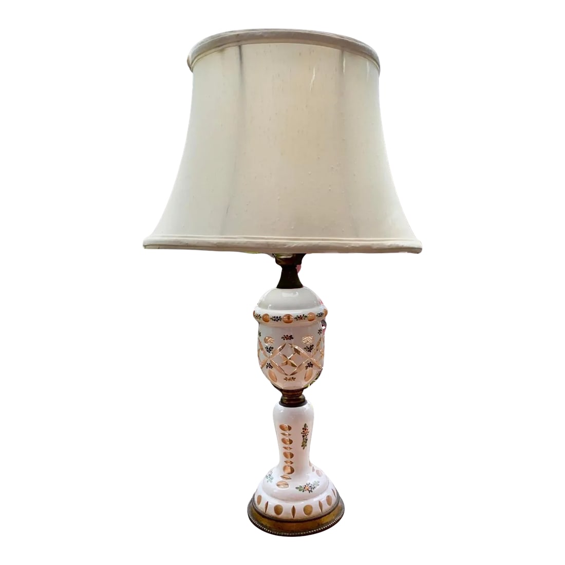 1920s Czechoslovakian Cut to Clear Cased Glass Table Lamp: A stunning cased glass white over amber table lamp with hand cut ovals & hand painted flowers, oval cuts around the bottom and hand cuts all over. A lovely addition to your dressing table, bedroom, dr