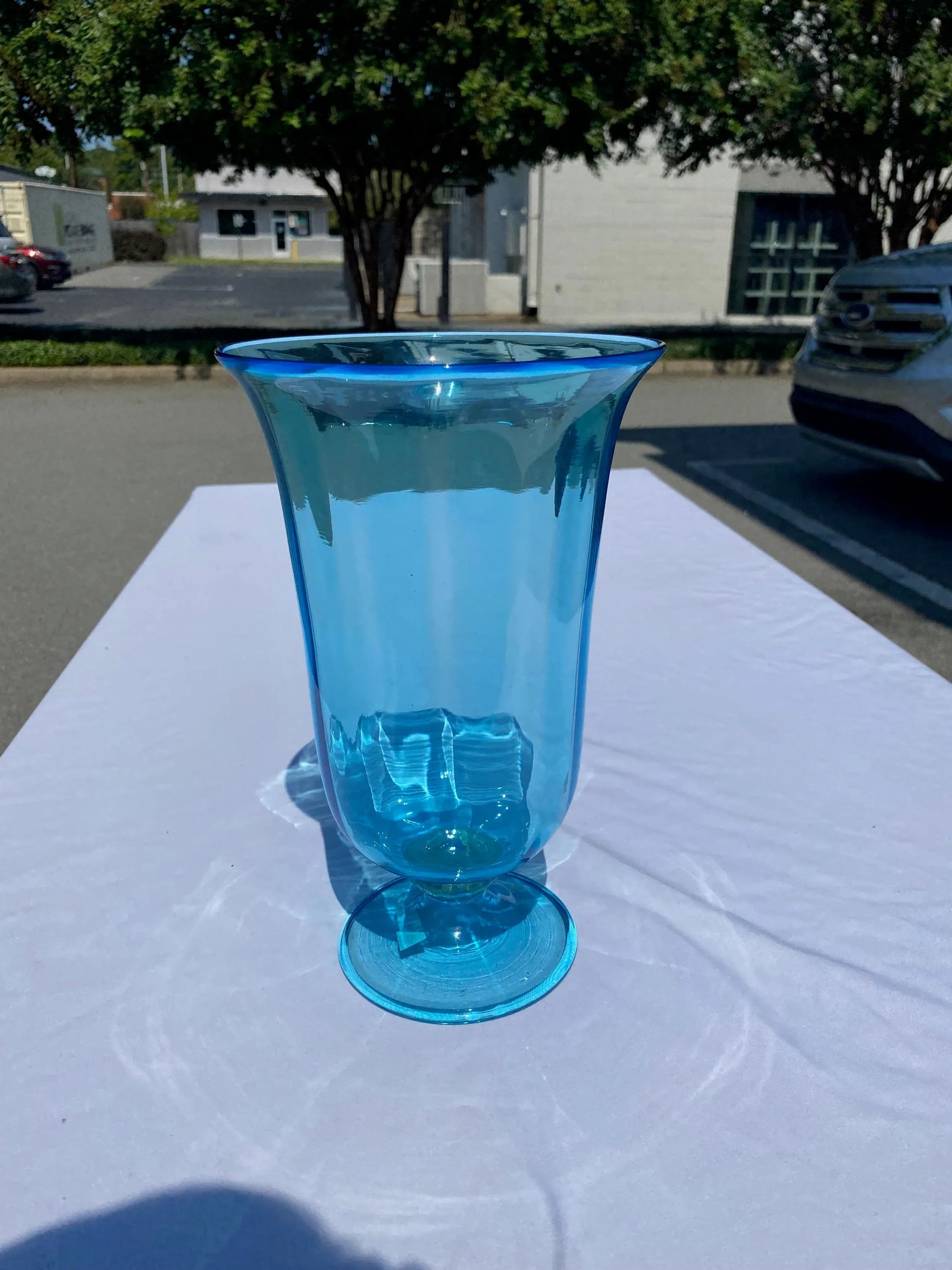 Vintage Mid 20th Century Aqua Glass Footed Vase - 2