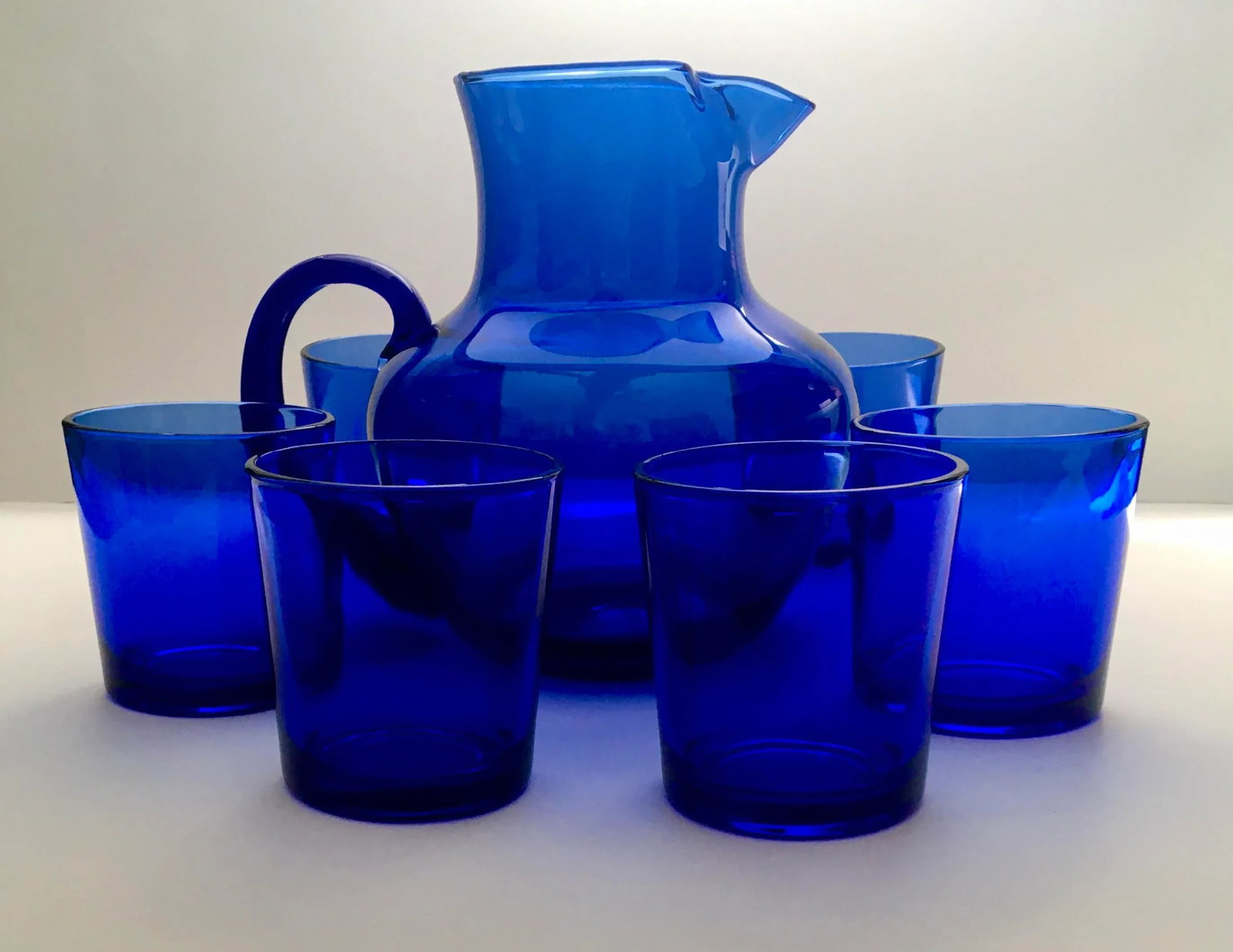 Libbey Blue Glass Drinks Service- 1 Pitcher & Six Lowball Glasses - 10