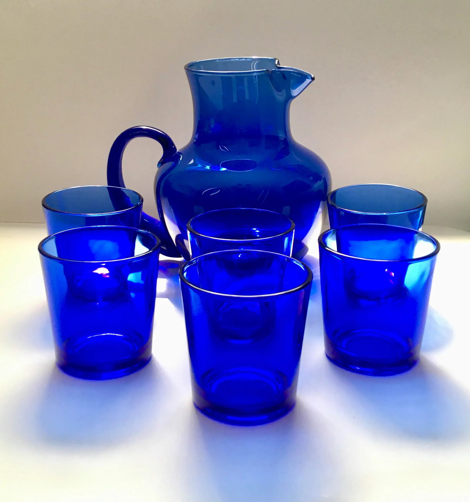 Libbey Blue Glass Drinks Service- 1 Pitcher & Six Lowball Glasses - 2