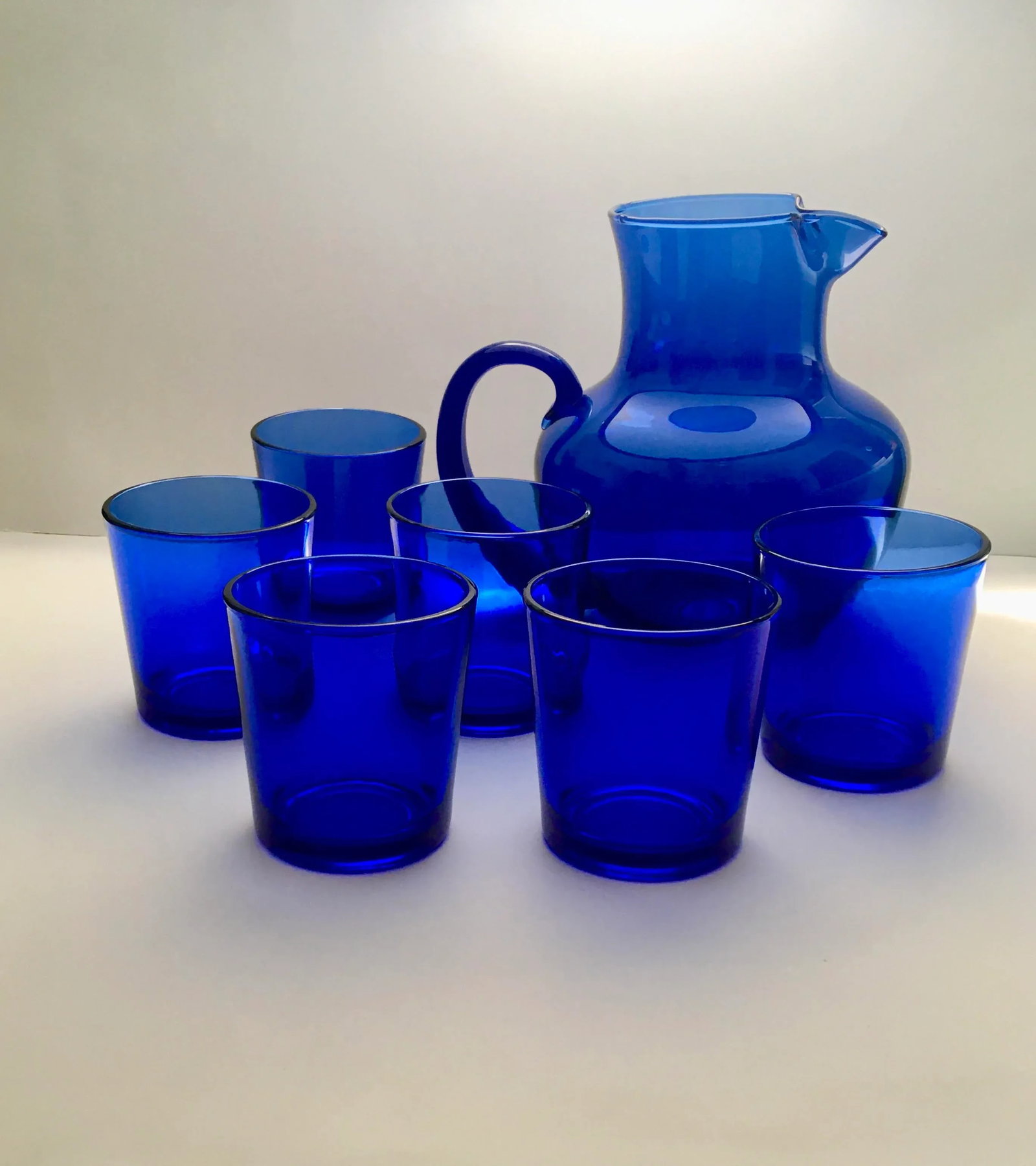 Libbey Blue Glass Drinks Service- 1 Pitcher & Six Lowball Glasses - 6