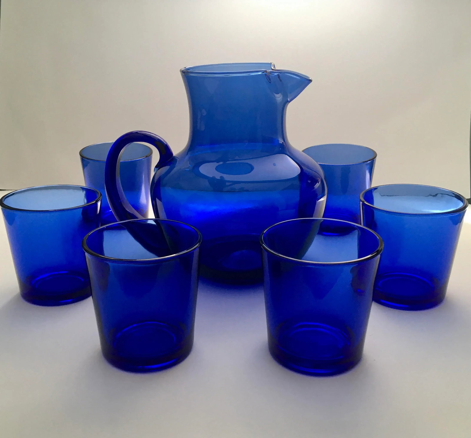 Libbey Blue Glass Drinks Service- 1 Pitcher & Six Lowball Glasses - 8