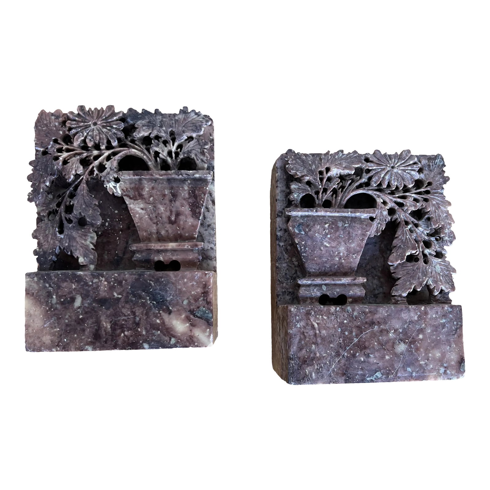 Hand Carved Soapstone Asian Bookends - A Pair: 1920's Asian soapstone Bookends made in China during the Republic period. These bookends are hand carved depicting a large vase of blossoming flowers and an exotic bird, with very good detail.