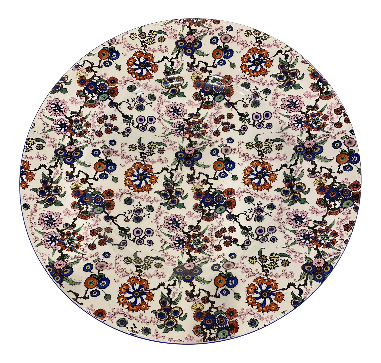 Early 20th Century Soho Potteries Solian Ware Chintz Charger: Fabulous chintz pattern on this plate from Soho Potteries. Great for use as a serving piece or charger. Made in England. Condition: Alterations: Original Condition Unaltered Imperfections: Some