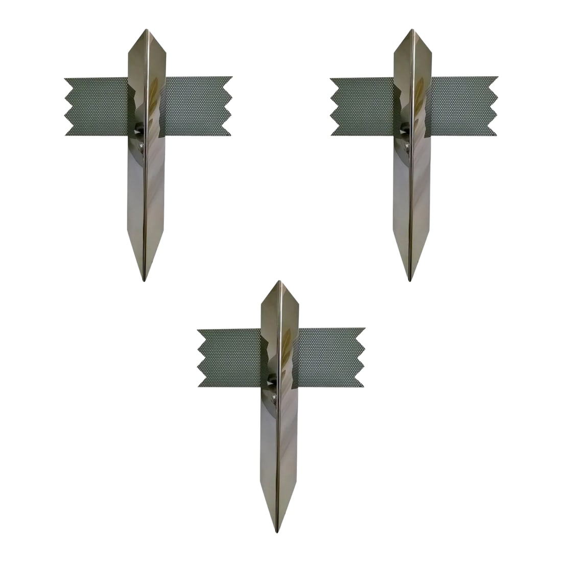 1980s Kalmar Wall Lightss - Set of 3: A set of rare 1980s Memphis style polished chrome sconces with decorative perforated gray fins by J.T. Kalmar. Original label. Rewired. Condition: Alterations: Restored Imperfections: Some Imperfectio