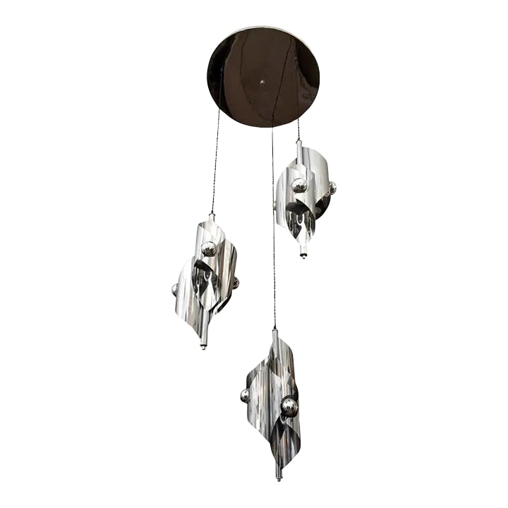 Grand Large French 1960s Pendant: A large French polished chrome sculptural nine-light chandelier with silk twisted cords and a polished circular canopy. Rewired. Condition: Alterations: Restored Imperfections: Some Imperfections