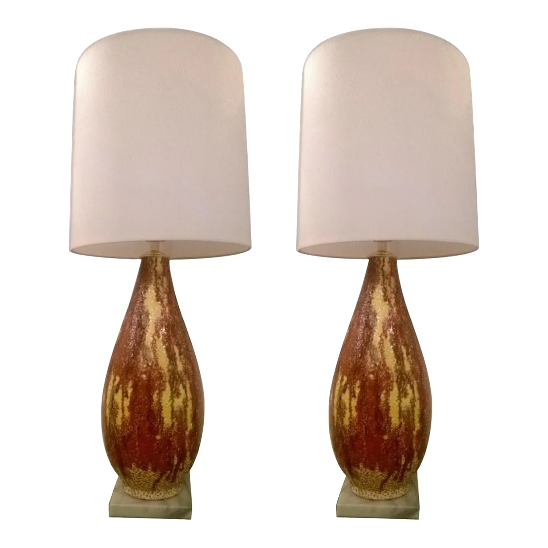 Italian 1950s Art Pottery Lamps - A Pair: A great pair of handcrafted 1950s Italian art pottery lamps with marble bases. Made for Raymor. Rewired. Condition: Alterations: Original Design Modified Imperfections: Some Imperfections Condition
