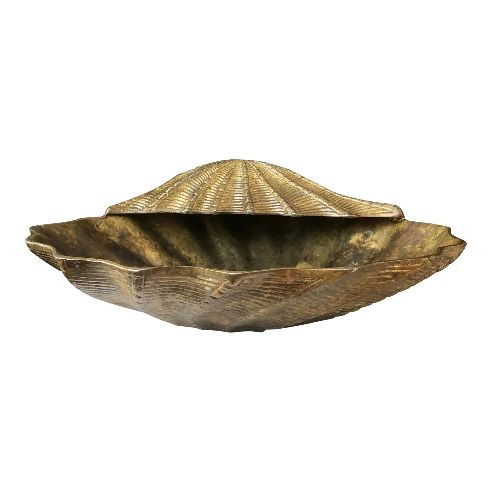 20th Century Figural Bronze Shell: Stunning hand-crafted figural bronze shell with rich details and patinated, protected finish. Perfect as a stand-alone sculpture on a console or table, or used as an unexpected champagne chiller or