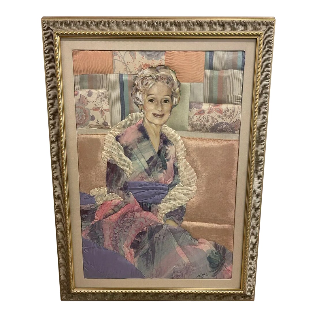 1981 Ron Fritts Trapunto Fabric Portrait Princess Alexandra Quilted Mixed Media Art: PALM BEACH ESTATE FIND! Fashion designer and multi-talented artist Ron Fritts created these trapunto fabric assemblages for dear friends and family. This large portrait of England's Princess Alexandra