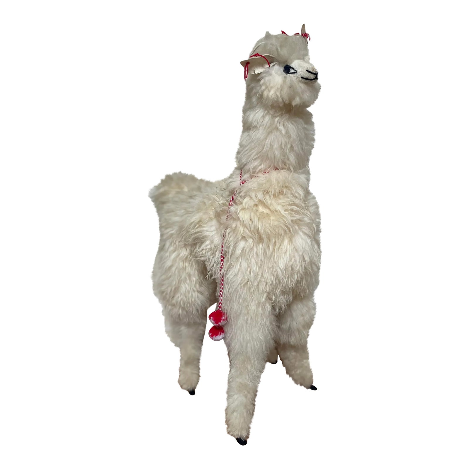 Vintage 1970s Large Handmade Alpaca Fur Sculpture: A 32" tall vintage Andean alpaca (or llama) fur toy or sculpture with the most wonderful little face, ears and tassels. Handmade in South America in the 70s. Strong but bendable wire legs allow you