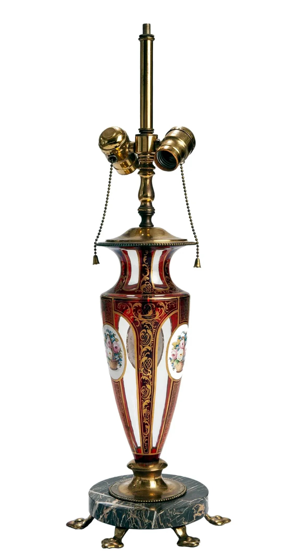 Bohemian Ruby Glass Lamp on Marble Base - 3