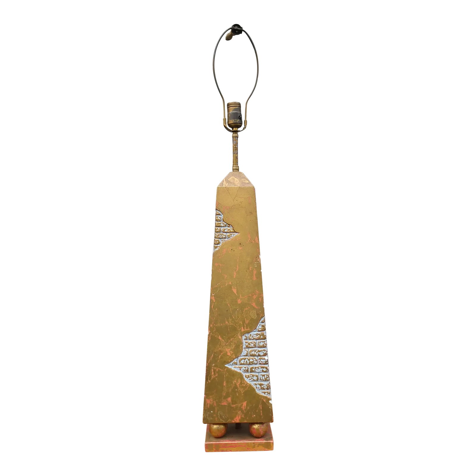 Very High Quality Mid Century Modern Gold Leaf Plaster Obelisk Formed Table Lamp C1960s: This is an extremely high quality vintage Mid Century Modern table lamp in the form of an Egyptian Obelisk on spheres. Made from plaster with a gold leaf finish. Having a very nice design of exposed