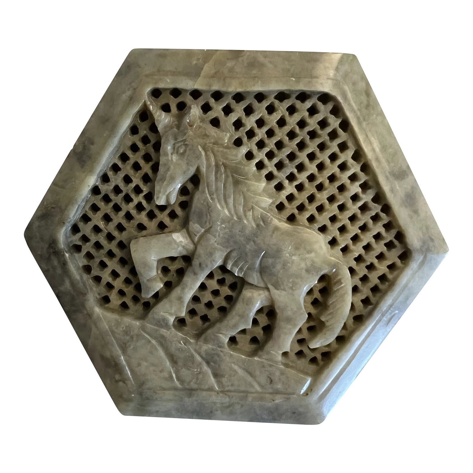 1960s Vintage Soap Stone Marble Unicorn Trinket Box: Vintage Handmade Hexagon Soapstone Trinket Box Jade color with a carved Unicorn. Measuring 4 "x 4" x 2". Made in India. Condition: Alterations: Original Condition Unaltered Imperfections: Some