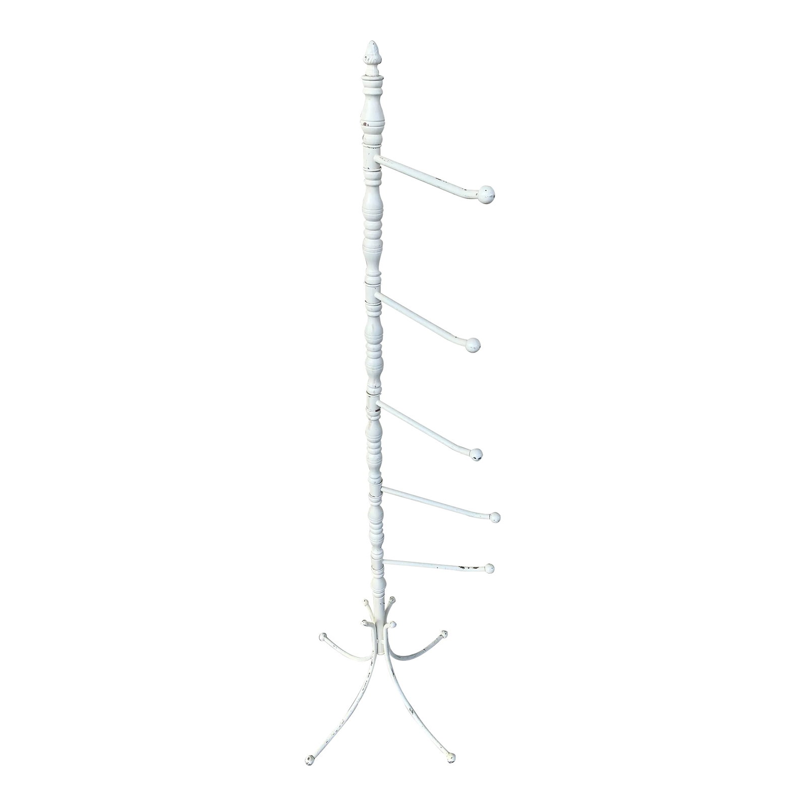 Vintage Hat/ Scarf Hall Tree Stand: Vintage metal 4 feet rack. The center pole is wood. The 5 arms are metal and swivel to were you place them. Small towels in a bathroom or use it for accessories like scarfs , hats... Measures 53"