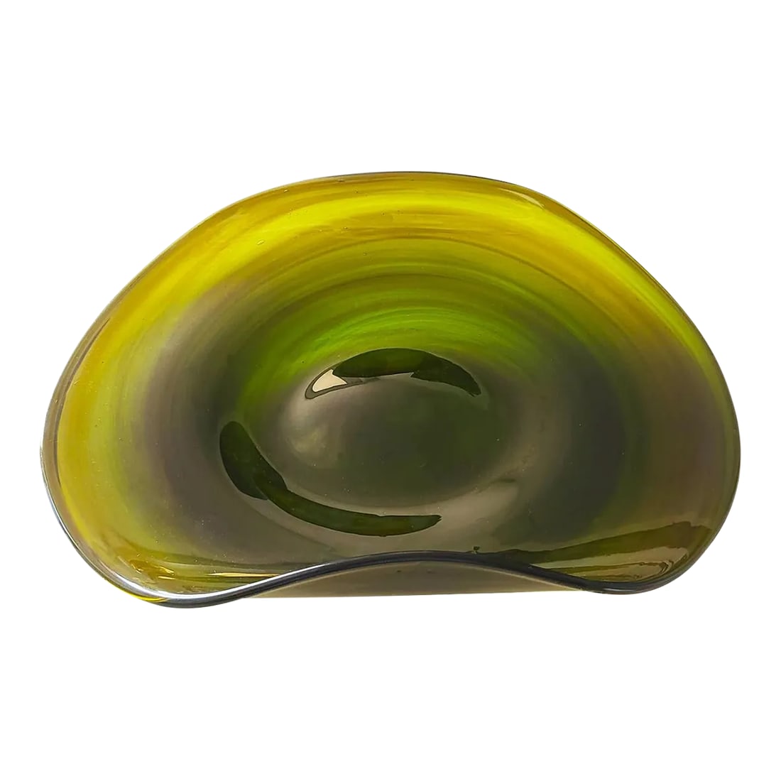 1970s Murano Style Italian Green Art Glass Centerpiece Platter: Hard to describe how beautiful this platter is. The glass has been swirled as it was blown with an ombre effect of darker to lighter colors. It's not really a bowl, not really a platter, more a combin
