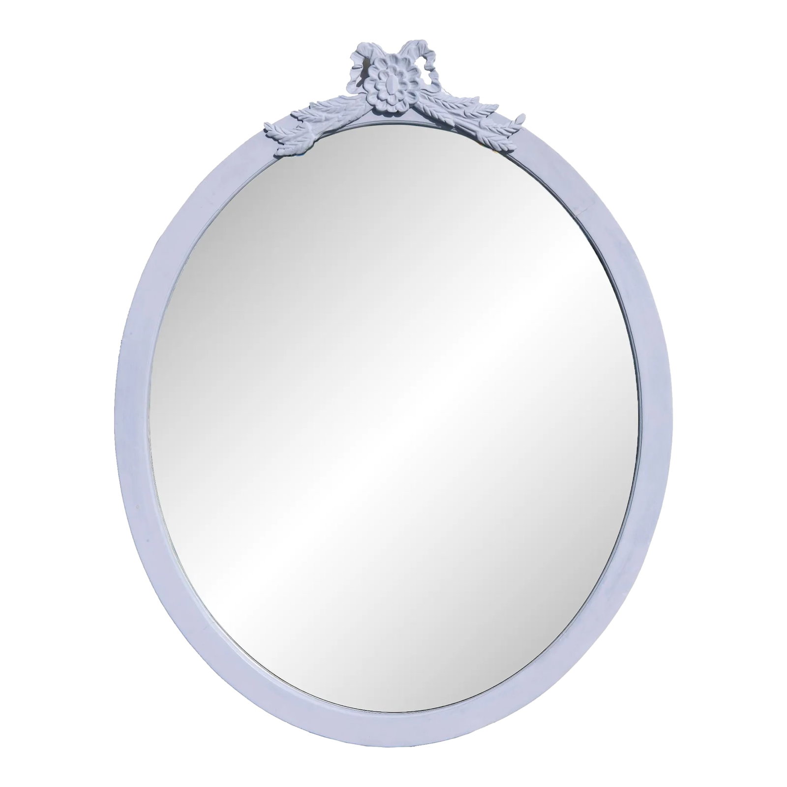 Early 20th Century Hand Carved & Hand-Cut Large Oval Lilac Bevelled Mirror: Vintage oval mirror hand painted in a soft muted lilac with blue/grey undertones. The hand carved crown at the top features a bow and center floral medallion with leaves & wheat grass which drape &