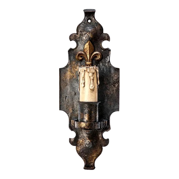 Early 20th Century French Bronze & Iron Wall Sconce With Fleur De Lis: Classic French bronze & iron sconce with fleur de lis. Newly wired, ready for installation. Condition: Alterations: Restored Imperfections: Some Imperfections Condition Notes: Age wear to the candle &
