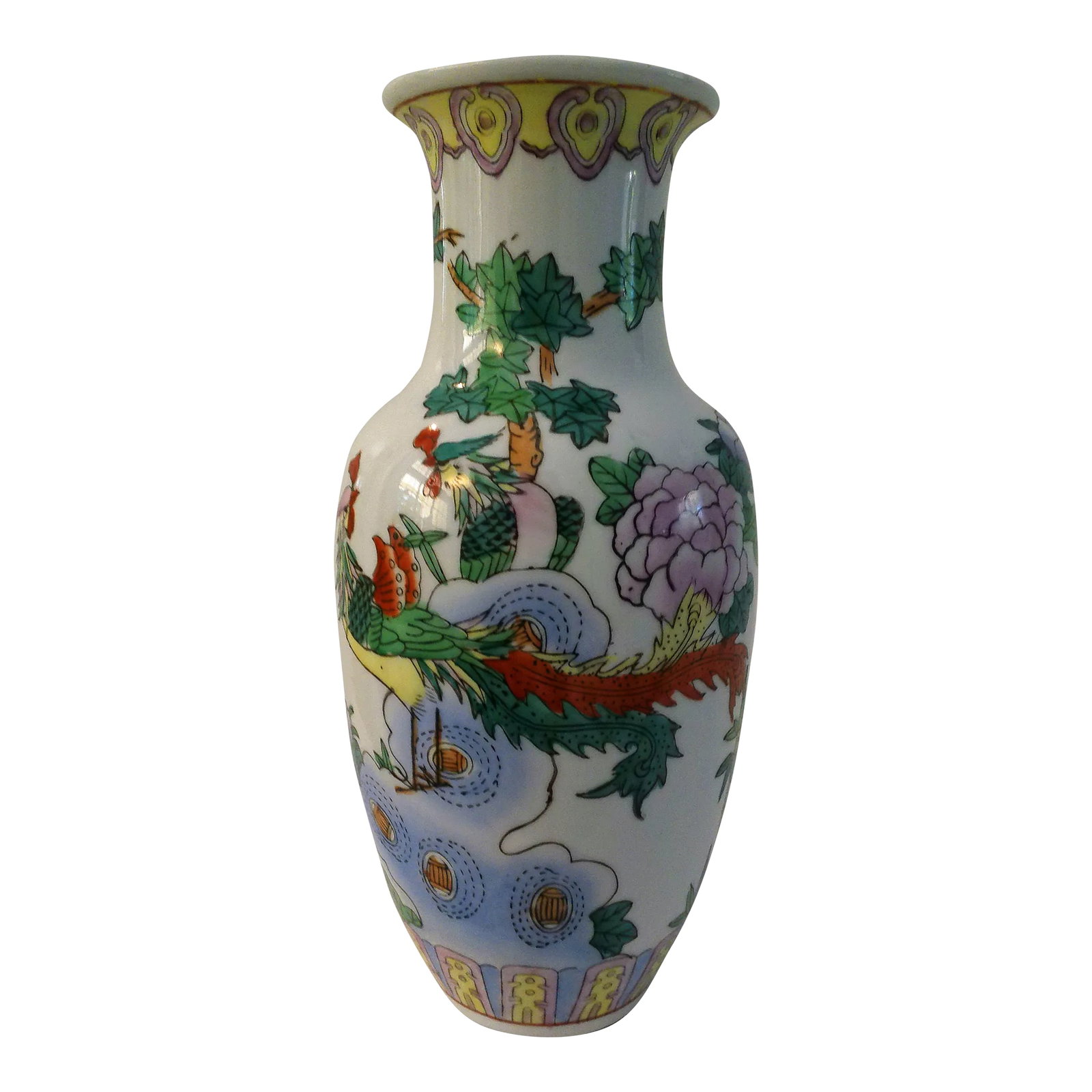 1980s Chinese Pheasants Porcelain Vase: Lovely white porcelain Chinese vase featuring a colorful hand-painted pheasant and botanical motif around perimeter. No maker's mark. Condition: Alterations: Original Condition Unaltered Imperfections