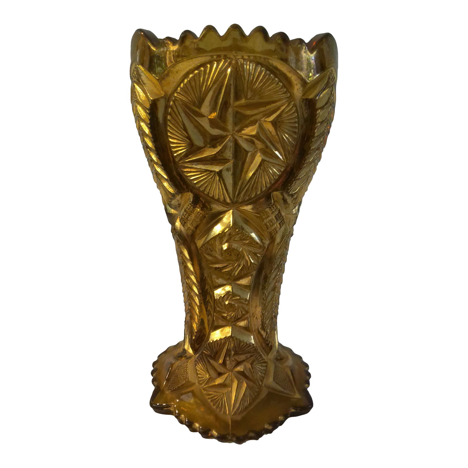 Mid-Century Czechoslovakia Copper Shaded Flash Glass Vase: Regal mid-century Czechoslovakian flash glass vase in an iridescent shade of copper. No marks. Condition: Alterations: Original Condition Unaltered Imperfections: Some Imperfections Condition Notes:
