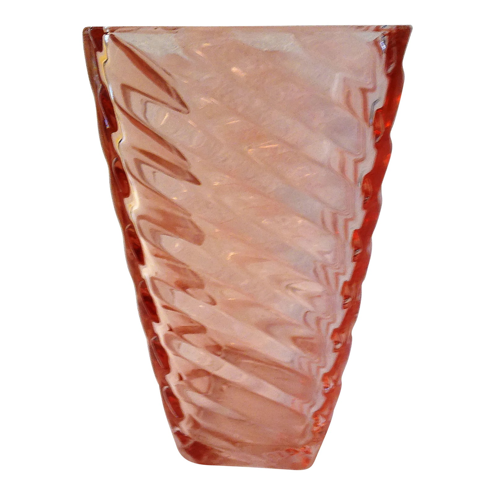 Vintage Pink Glass Chevron Design Vase: Stylish thick clear glass vase in a modern Chevron design. Excellent condition. Condition: Alterations: Original Condition Unaltered Imperfections: Some Imperfections Condition Notes: minor wear Origi
