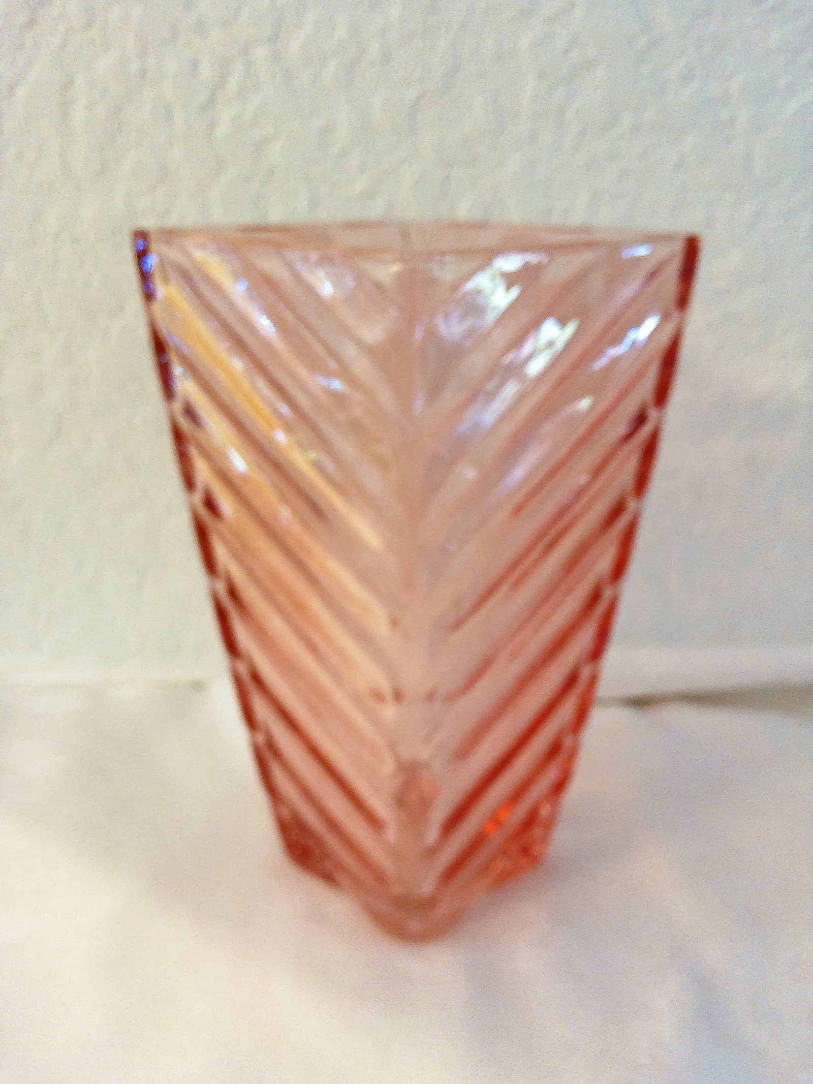 Vintage Pink Glass Chevron Design Vase - 2